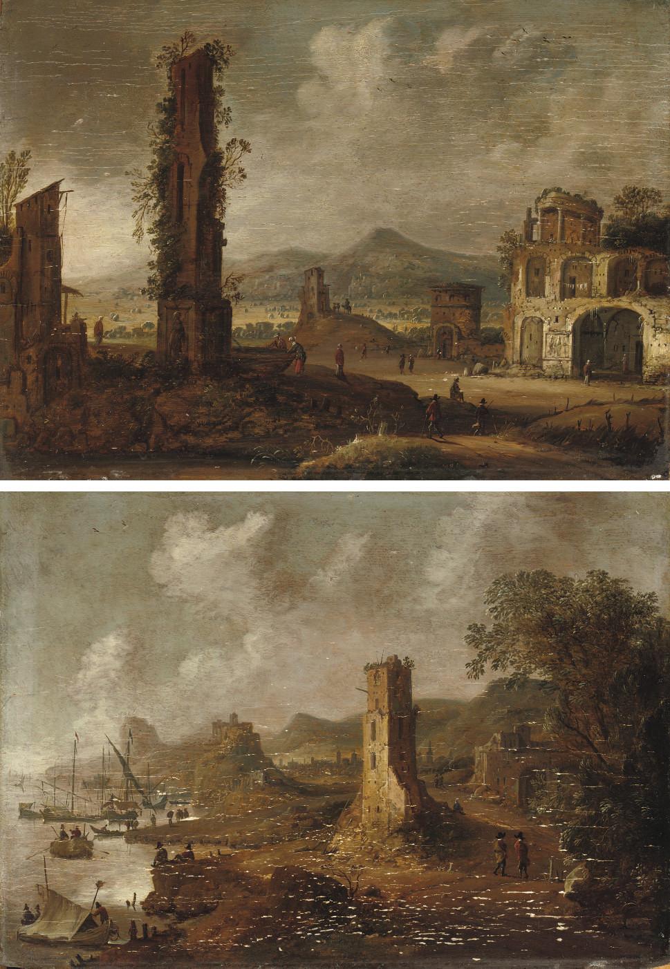 Dirk Verhaert - A rocky river landscape with figures among ancient ruins; and A rocky coastal landscape with figures in boats and figures on a track near ancient ruins