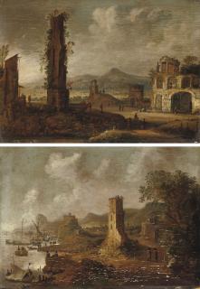 Dirk Verhaert - A rocky river landscape with figures among ancient ruins; and A rocky coastal landscape with figures in boats and figures on a track near ancient ruins