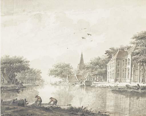 Dirk Verrijk - A Riverbank With Houses And Fishermen