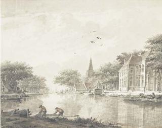 Dirk Verrijk - A Riverbank With Houses And Fishermen