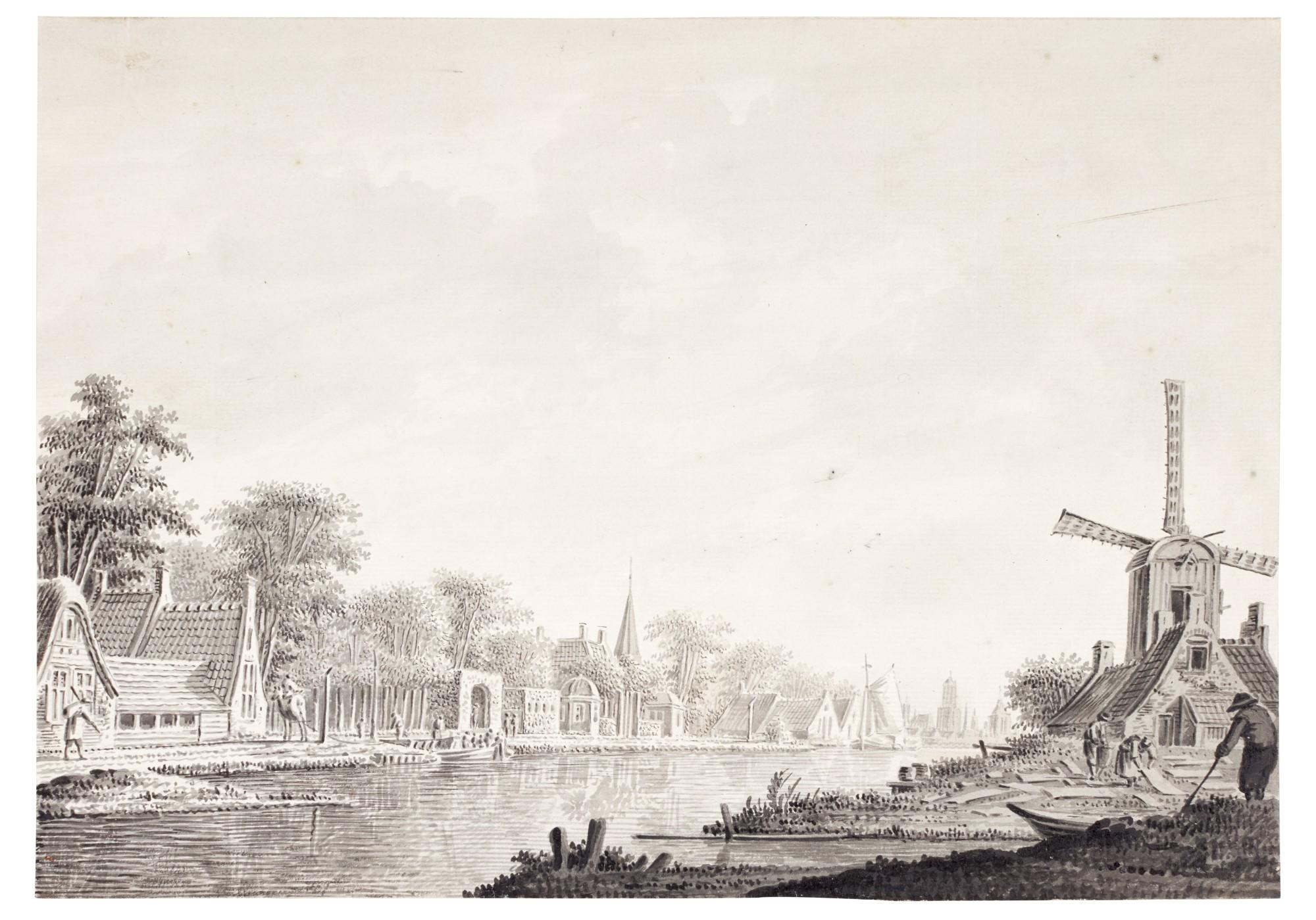 Dirk Verrijk - River view with a windmill and teahouses