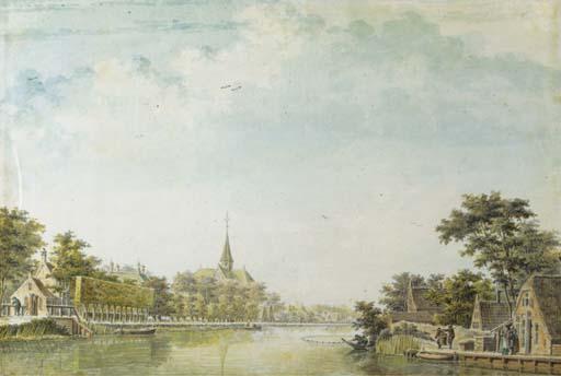 Dirk Verrijk - View Of Oudshorn, With Men Fishing From A Boat; And View Of A Dutch Village, With A Cottage On A Canal And A Church Beyond