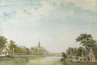 Dirk Verrijk - View Of Oudshorn, With Men Fishing From A Boat; And View Of A Dutch Village, With A Cottage On A Canal And A Church Beyond