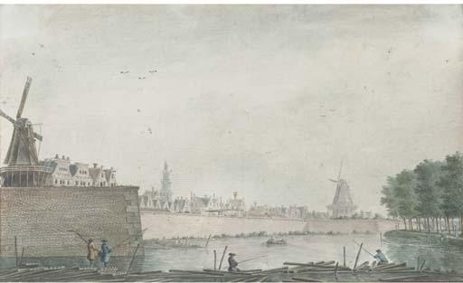 Dirk Verrijk - View Of The Raampoort, Amsterdam, With Figures Fishing On A Barrage