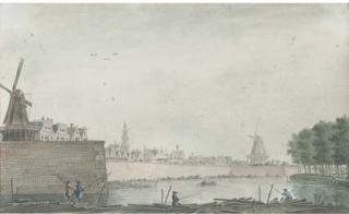 Dirk Verrijk - View Of The Raampoort, Amsterdam, With Figures Fishing On A Barrage