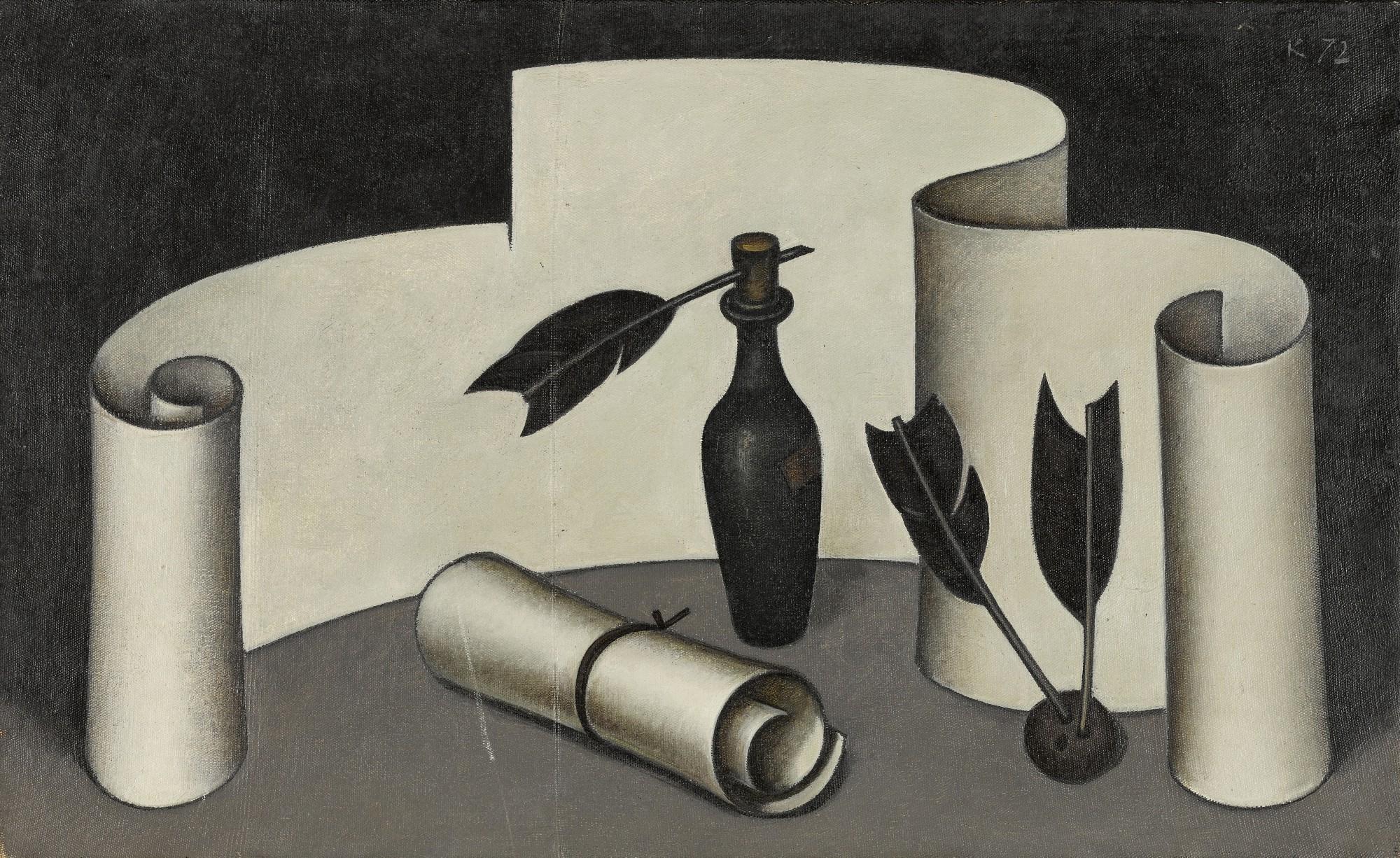 Dmitri Krasnopevtsev - Still Life with Scroll, Bottle and Three Feathers