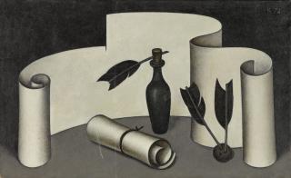 Dmitri Krasnopevtsev - Still Life with Scroll, Bottle and Three Feathers