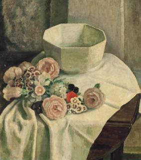 Dod Procter, R.A. - Still life of mixed flowers and a white bowl