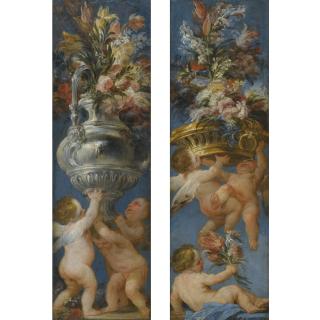 Domenico Antonio Vaccaro - A Pair Of Flower Still Lives With Cavorting Putti