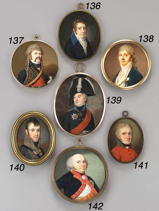 Domenico Bossi - A young gentleman, facing left in blue coat with silver buttons, white waistcoat and red inner waistcoat, lace cravat, wearing the badges of the Royal Swedish Orders of the Sword and the Polar Star, powdered hair en queue