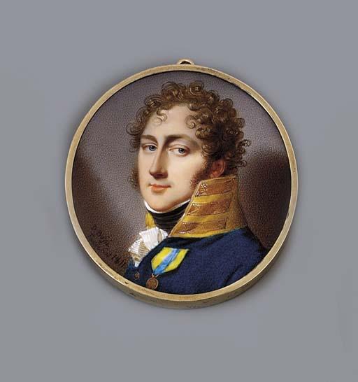 Domenico Bossi - Count Johan Otto Wrangel af Sauss (1777-1847), facing left in blue uniform with gold-figured yellow collar, pleated white lace jabot and black stock, light brown curly hair, wearing the badge of the Royal Swedish Campaign medal