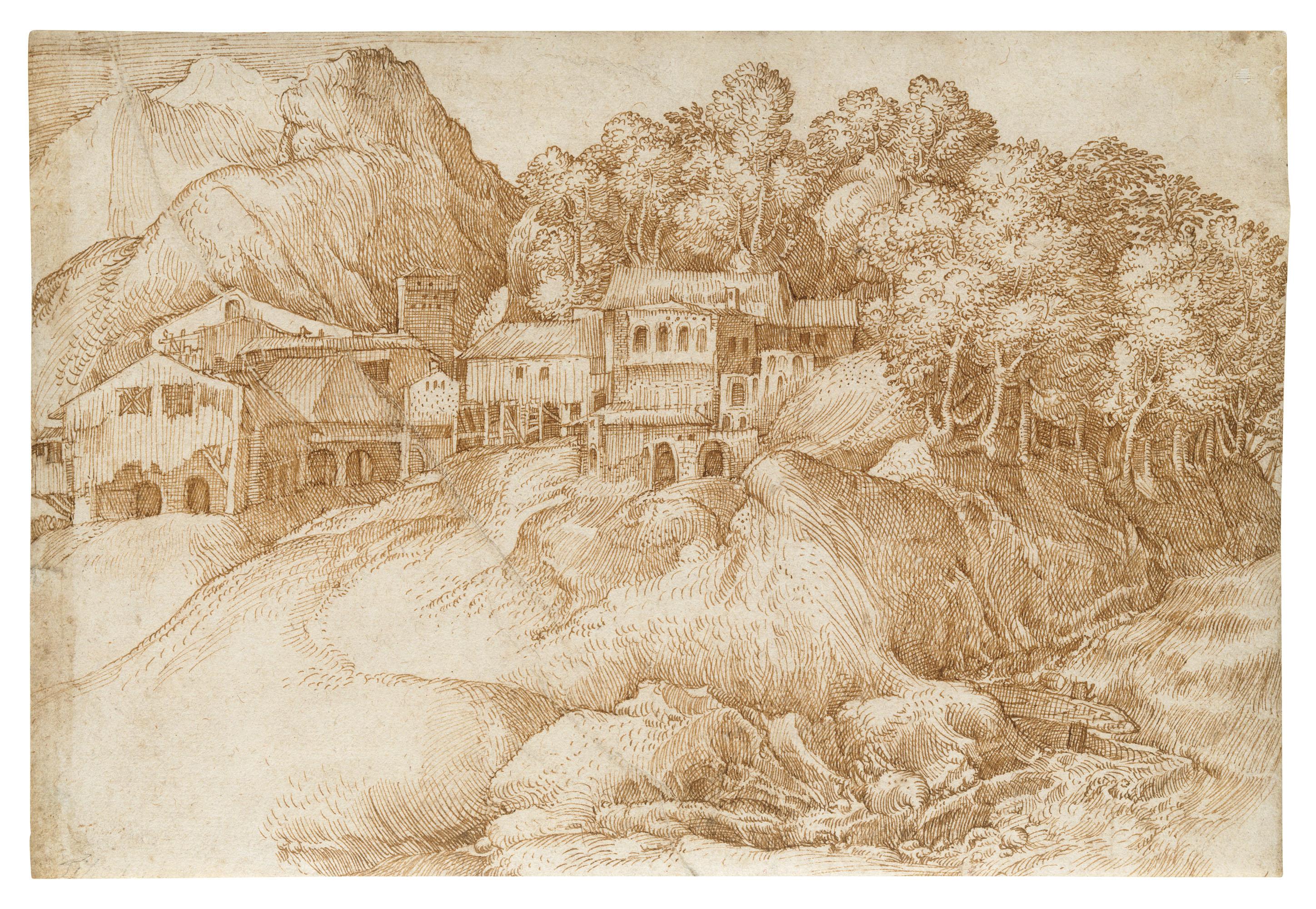 Domenico Campagnola - A village in a mountainous landscape, a wood behind and a stream to the right