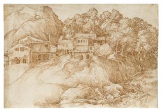 Domenico Campagnola - A village in a mountainous landscape, a wood behind and a stream to the right