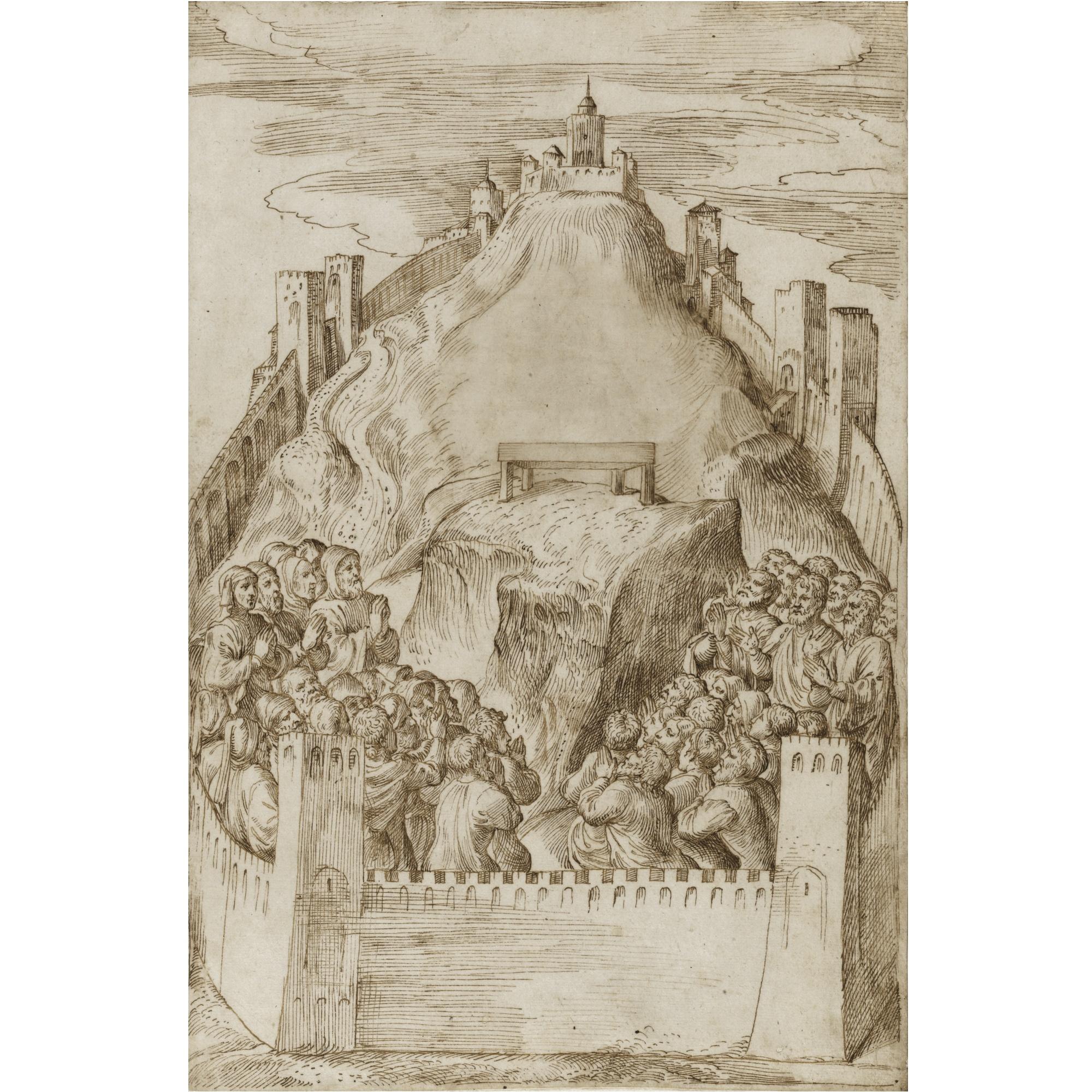 Domenico Campagnola - A Walled Ancient City, Possibly Jerusalem, People Praying In Front Of An Altar