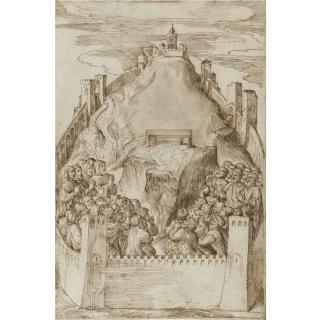 Domenico Campagnola - A Walled Ancient City, Possibly Jerusalem, People Praying In Front Of An Altar