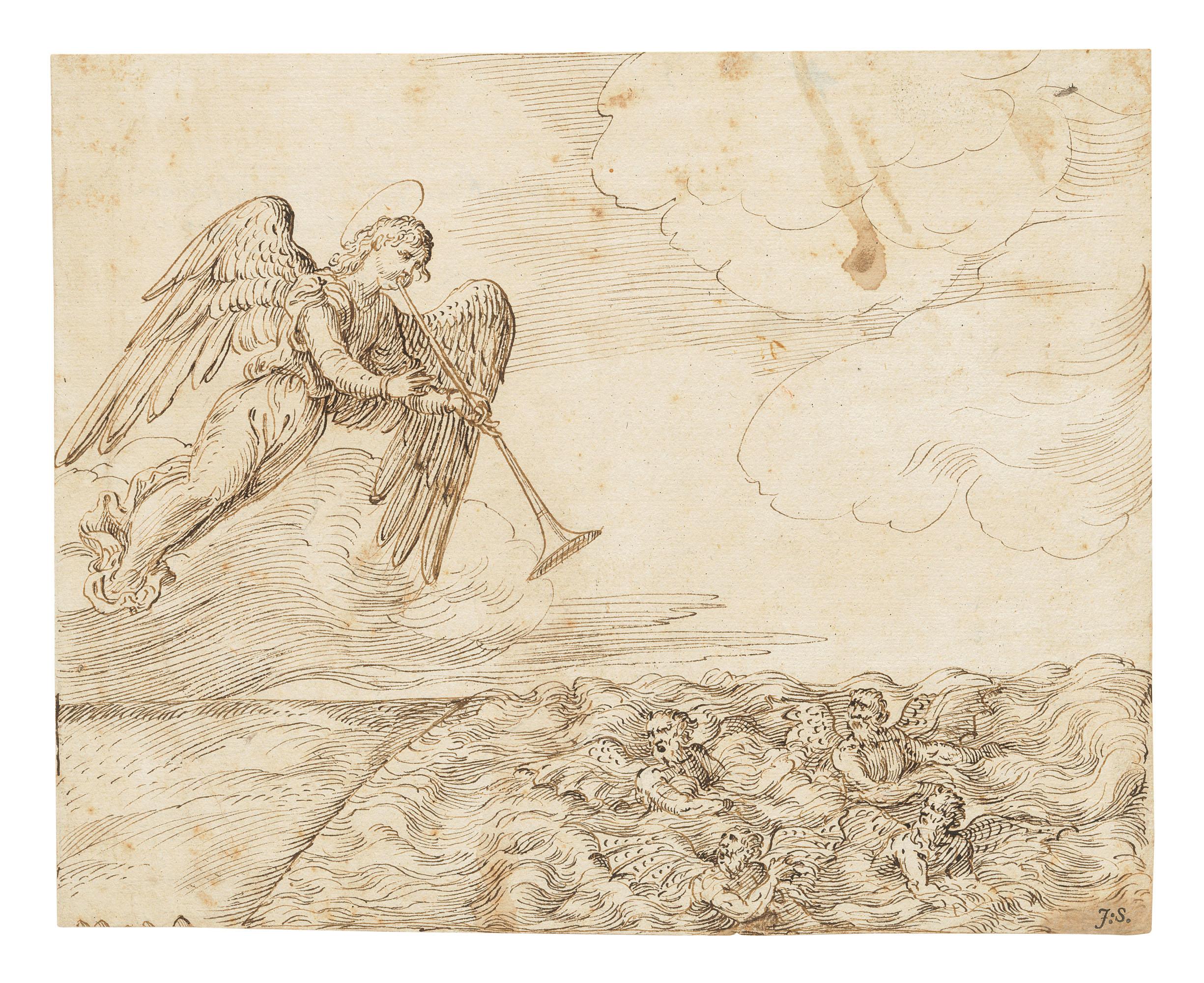 Domenico Campagnola - An angel blowing his trumpet at four winged devils struggling in the sea