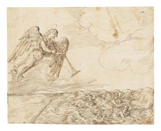 Domenico Campagnola - An angel blowing his trumpet at four winged devils struggling in the sea