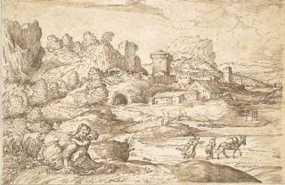 Domenico Campagnola - An Extensive Landscape With A Fortified Town, A Mother And Child In The Foreground