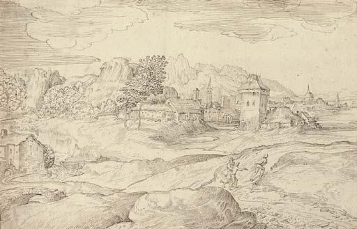 Domenico Campagnola - An extensive landscape with a watermill and figures on a road, a town beyond