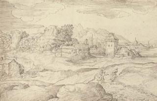 Domenico Campagnola - An extensive landscape with a watermill and figures on a road, a town beyond