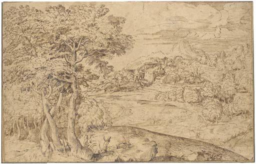 Domenico Campagnola - An extensive landscape with shepherds and their flocks below a town