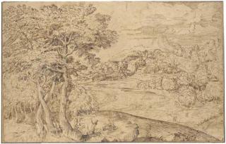 Domenico Campagnola - An extensive landscape with shepherds and their flocks below a town