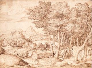 Domenico Campagnola - An extensive mountainous landscape with Cephalus and Procris