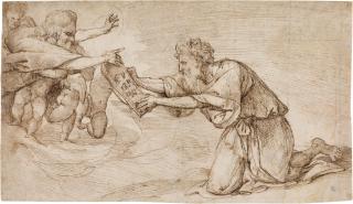 Domenico Campagnola - God the Father Handing the Ten Commandments to Moses