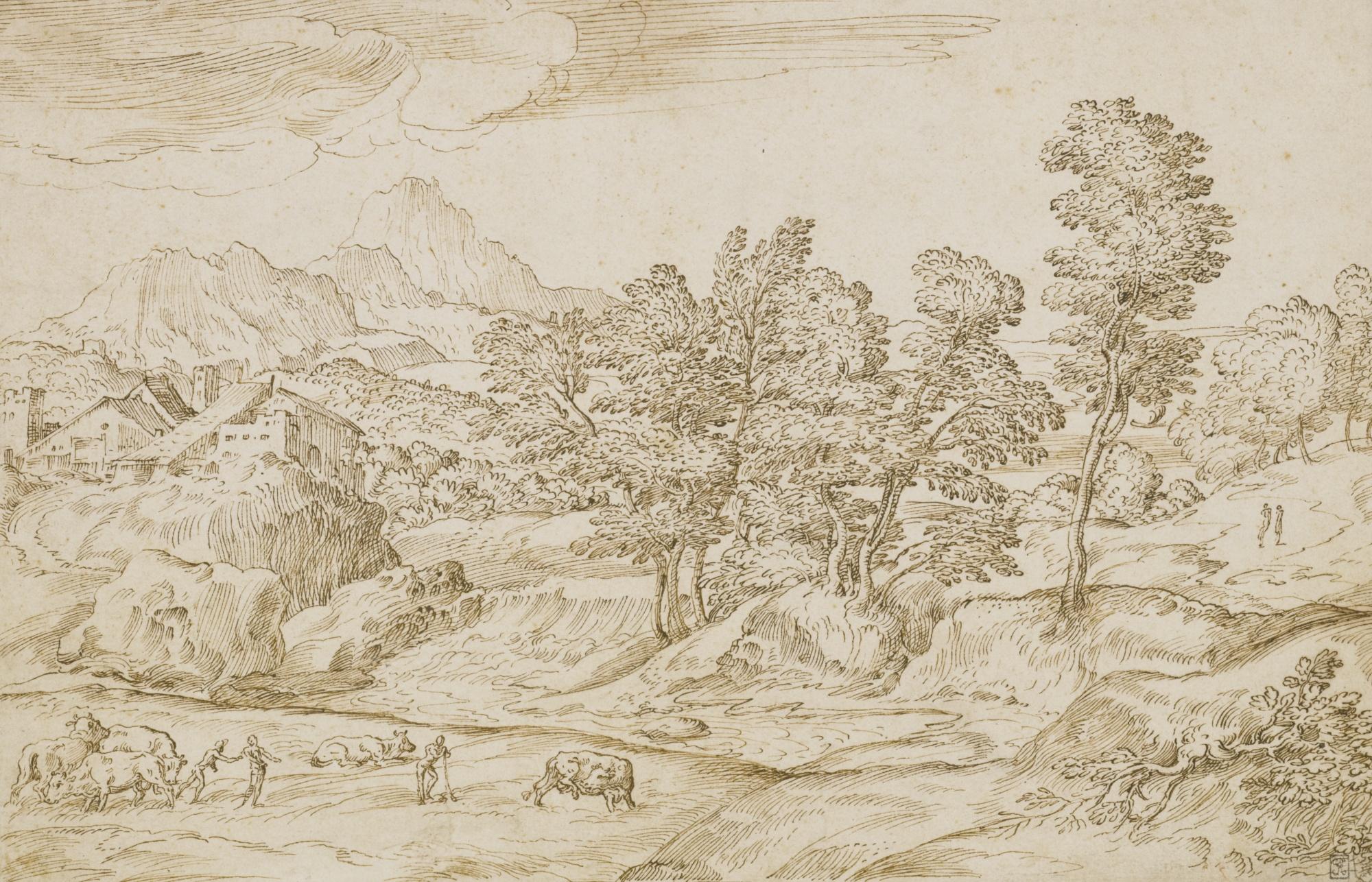 Domenico Campagnola - Landscape With Figures And Animals
