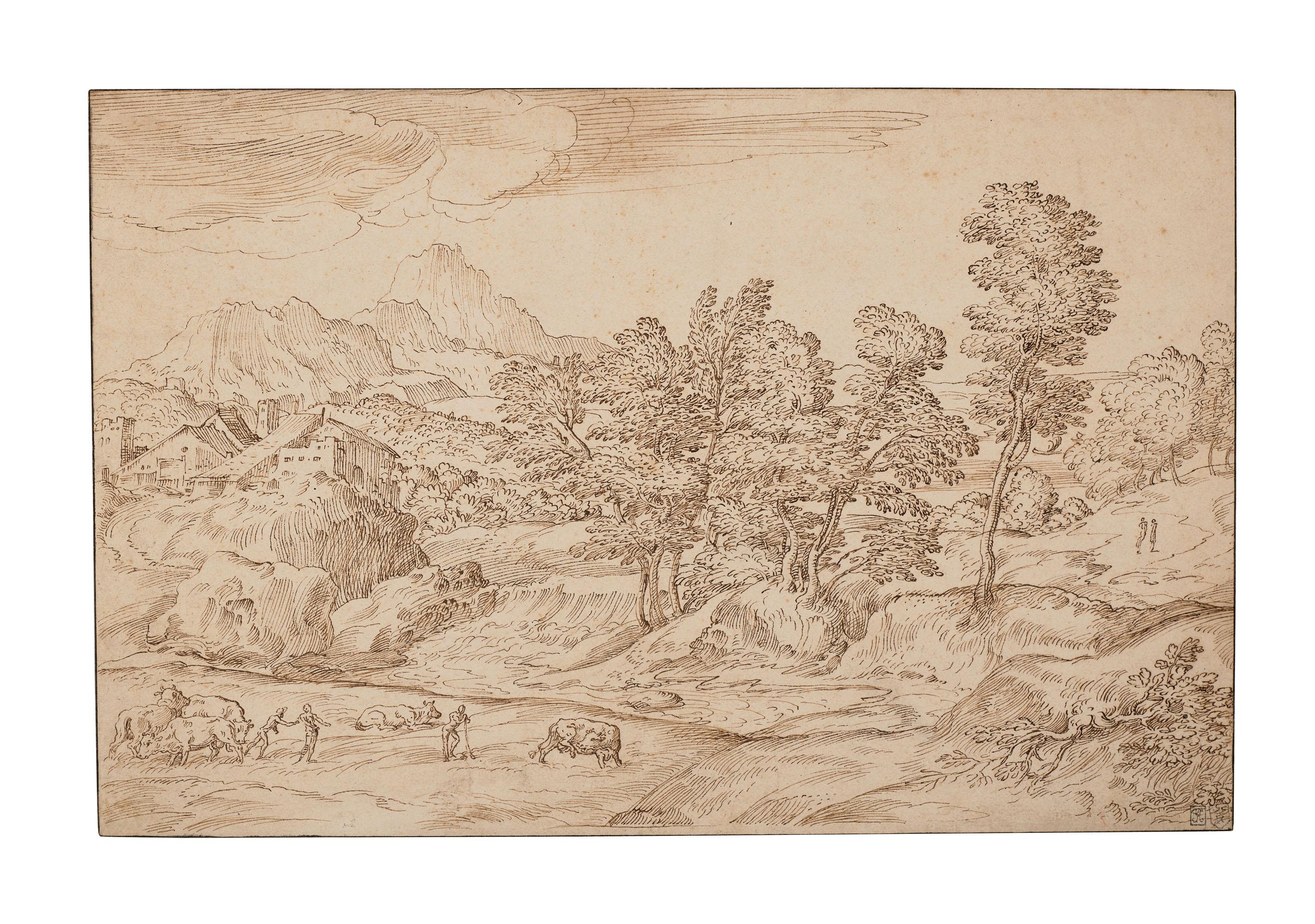 Domenico Campagnola - Paysage Arboré Avec Des Paysans Et Leur Troupeau Au Premier Plan