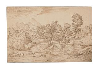 Domenico Campagnola - Paysage Arboré Avec Des Paysans Et Leur Troupeau Au Premier Plan