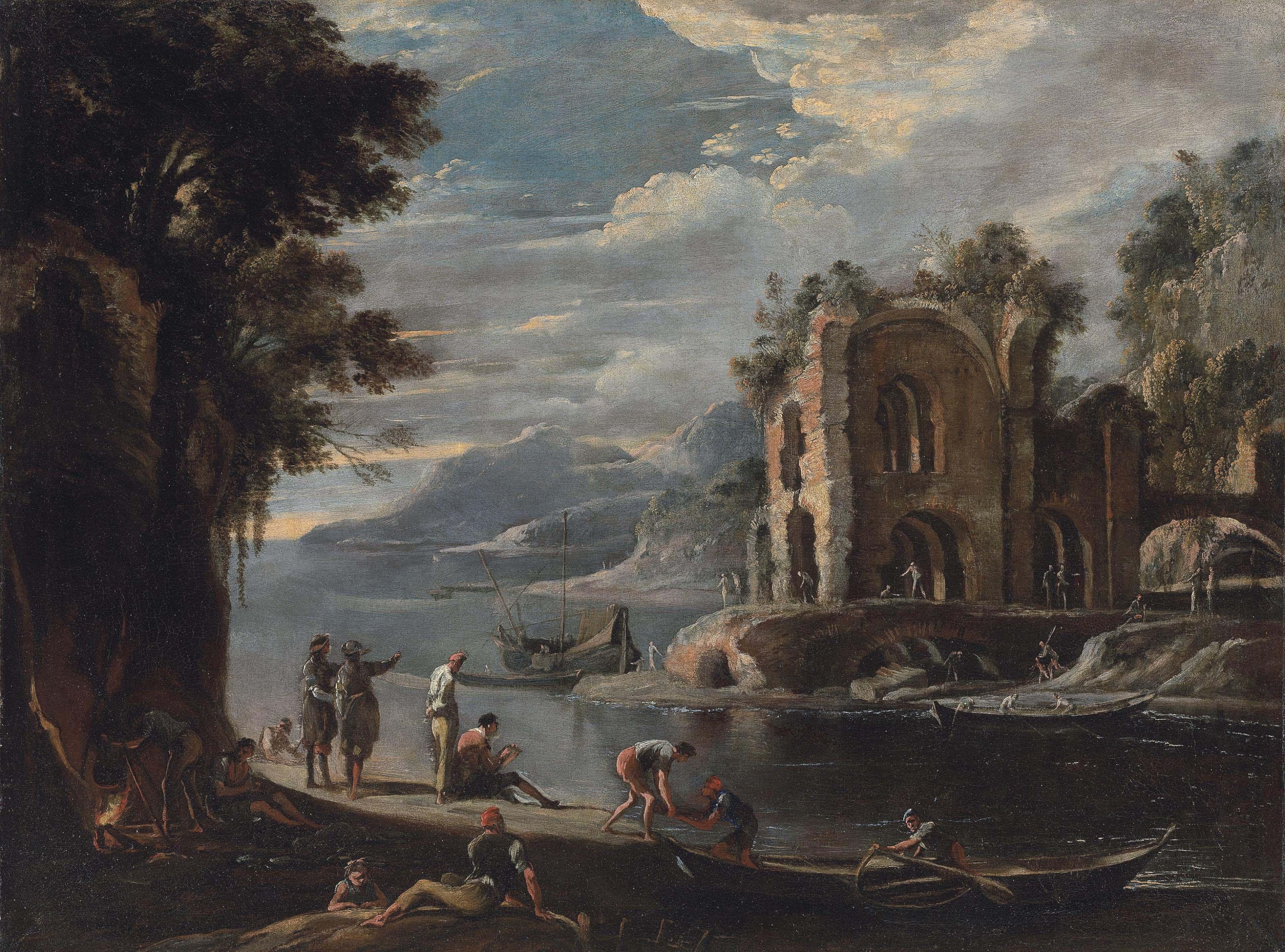 Domenico Gargiulo - A coastal landscape with ruins, fishermen unloading their catch