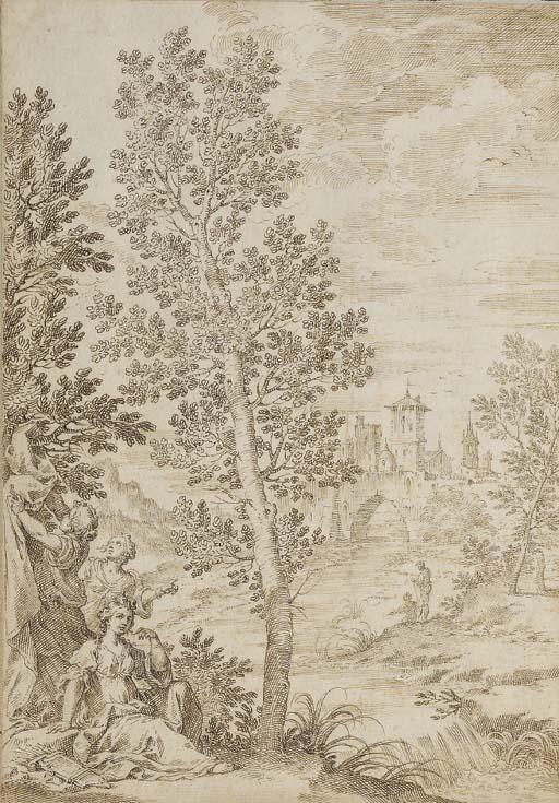 Domenico Maria Fratta - Un paysage de rivière avec des figures féminines au premier plan, un château sur un pont à l\'arrière plan