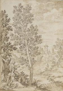 Domenico Maria Fratta - Un paysage de rivière avec des figures féminines au premier plan, un château sur un pont à l\'arrière plan