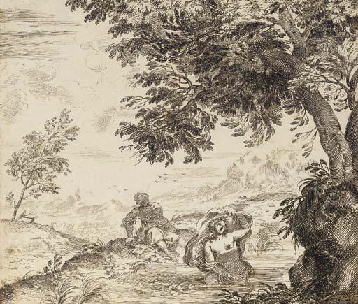 Domenico Maria Fratta - Un paysage montagneux avec une jeune fille se baignant, une compagne sur la rive