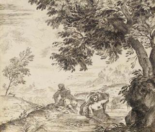 Domenico Maria Fratta - Un paysage montagneux avec une jeune fille se baignant, une compagne sur la rive