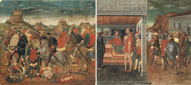 Domenico Morone - The Death of Uriah the Hittite; and The Announcement of the Death of Uriah to King David and Bathseba: presumably the end panels from a cassone