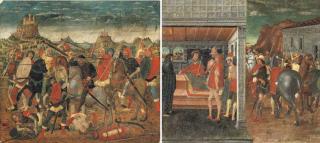 Domenico Morone - The Death of Uriah the Hittite; and The Announcement of the Death of Uriah to King David and Bathseba: presumably the end panels from a cassone