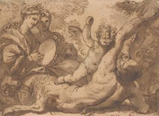 Domenico Piola - A putto striking a satyr bound to a tree, two women playing a tambourine on the left