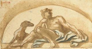 Domenico Piola - A seated shepherd with a dog: study for a lunette