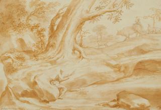 Domenico Piola - Landschaft mit einem unter einem Baum sitzenden Hirten