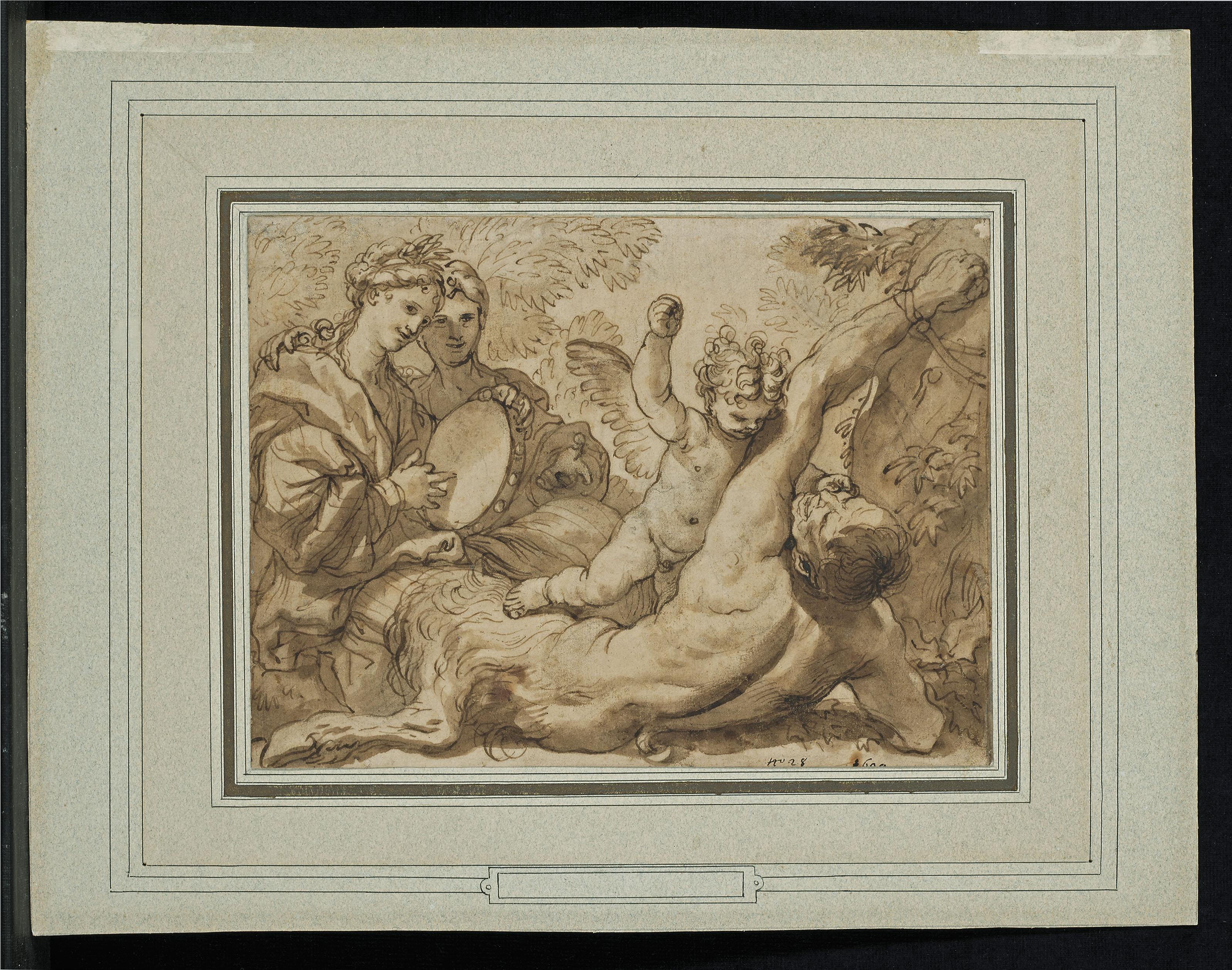 Domenico Piola - Pan tourmenté par l’Amour, deux bacchantes jouant du tambourin sur la gauche