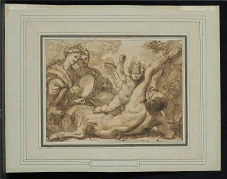 Domenico Piola - Pan tourmenté par l’Amour, deux bacchantes jouant du tambourin sur la gauche