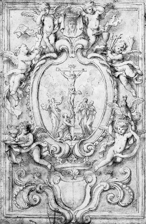 Domenico Piola - The Crucifixion in a cartouche, surrounded by putti bearing symbols of the Passion: design for a frontispiece
