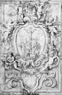Domenico Piola - The Crucifixion in a cartouche, surrounded by putti bearing symbols of the Passion: design for a frontispiece