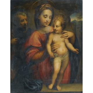 Domenico Puligo - Holy Family, With The Madonna Supporting The Standing Christ Child On A Stone Ledge