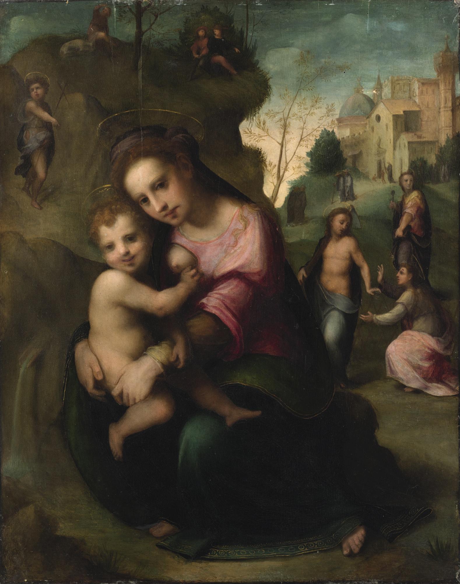 Domenico Puligo - The Madonna And Child, With Saint John The Baptist And Saint Apollonia In A Landscape