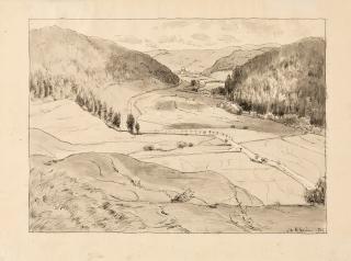 Domenico Quaglio - Mondaufgang über einer Mittelgebirgslandschaft.