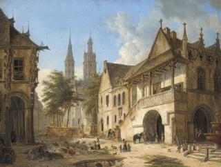 Domenico Quaglio - Street scene in a Swiss town
