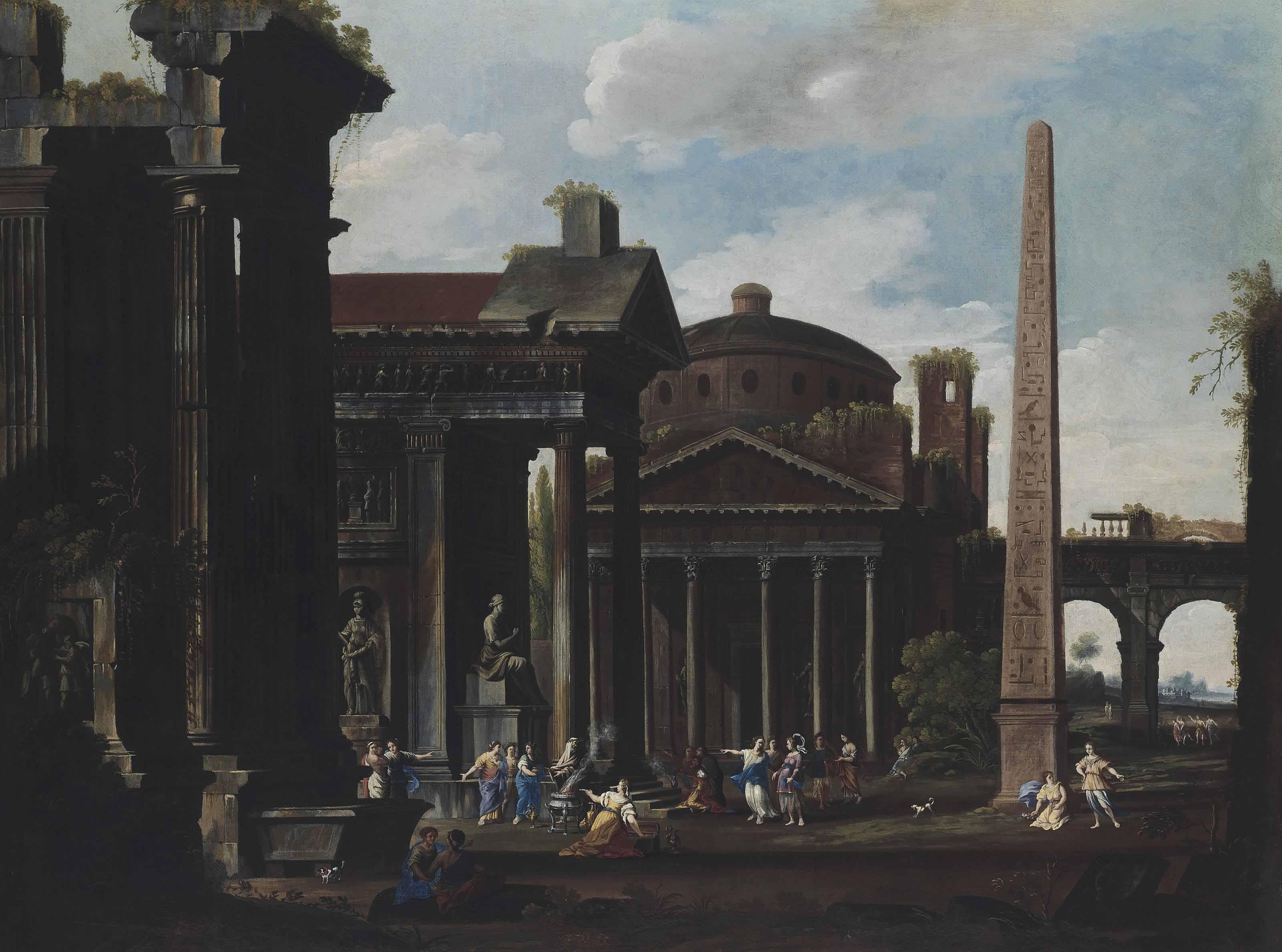Domenico Roberti - An architectural  capriccio  of the Pantheon and other buildings, with figures making a sacrifice to a goddess, figures conversing and dancing amongst the ruins beyond